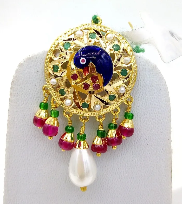 Necklaces TRIBAL ORNAMENTS 22k Peacock pearl necklace and Earrings beautiful enamel ruby emerald stones 916 hallmark
