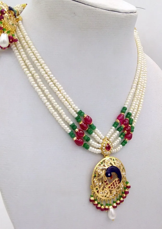 Necklaces TRIBAL ORNAMENTS 22k Peacock pearl necklace and Earrings beautiful enamel ruby emerald stones 916 hallmark