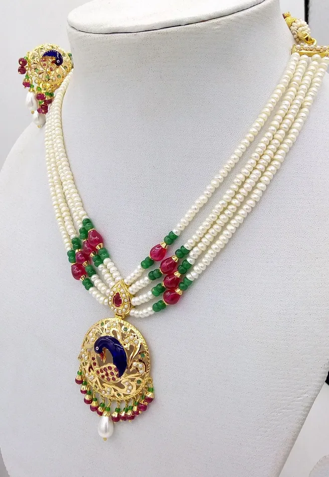 Necklaces TRIBAL ORNAMENTS 22k Peacock pearl necklace and Earrings beautiful enamel ruby emerald stones 916 hallmark