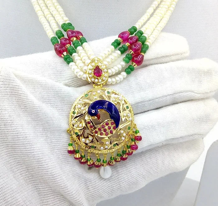 Necklaces TRIBAL ORNAMENTS 22k Peacock pearl necklace and Earrings beautiful enamel ruby emerald stones 916 hallmark