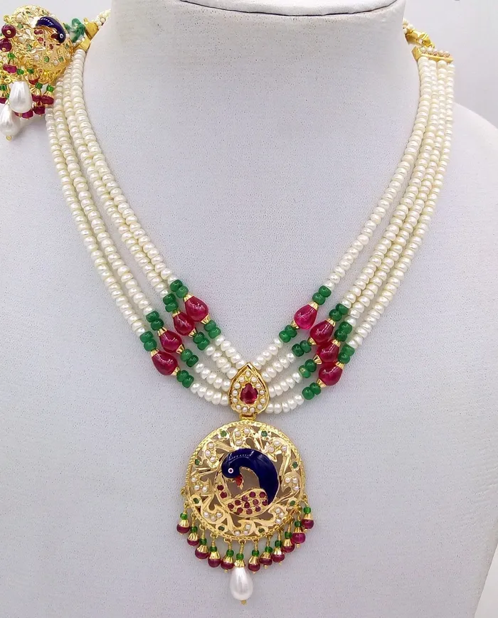 Necklaces TRIBAL ORNAMENTS 22k Peacock pearl necklace and Earrings beautiful enamel ruby emerald stones 916 hallmark