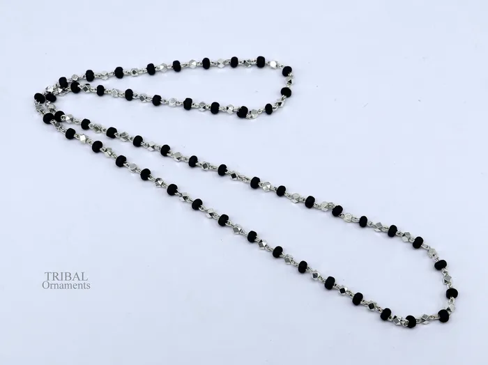 Necklaces TRIBAL ORNAMENTS 24 925 sterling silver black holy basil rosary wooden beads 4mm solid chain necklace excellent unisex stylish necklace from india ch144