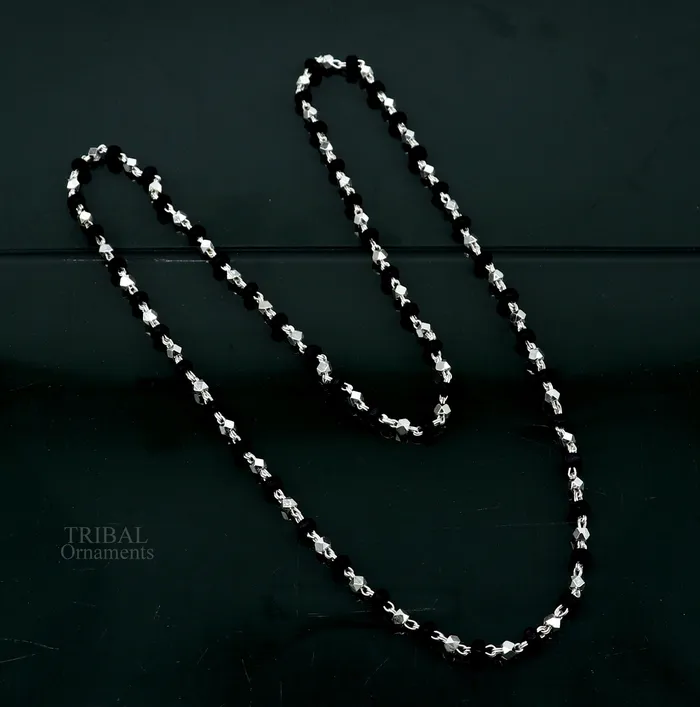 Necklaces TRIBAL ORNAMENTS 24 925 sterling silver black holy basil rosary wooden beads 4mm solid chain necklace excellent unisex stylish necklace from india ch144