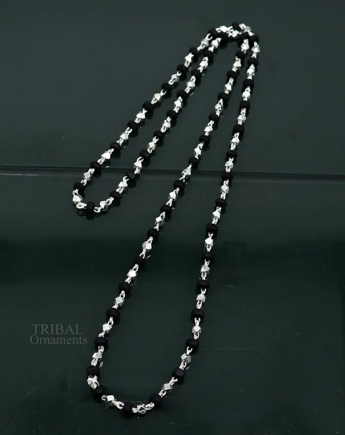 Necklaces TRIBAL ORNAMENTS 24 925 sterling silver black holy basil rosary wooden beads 4mm solid chain necklace excellent unisex stylish necklace from india ch144