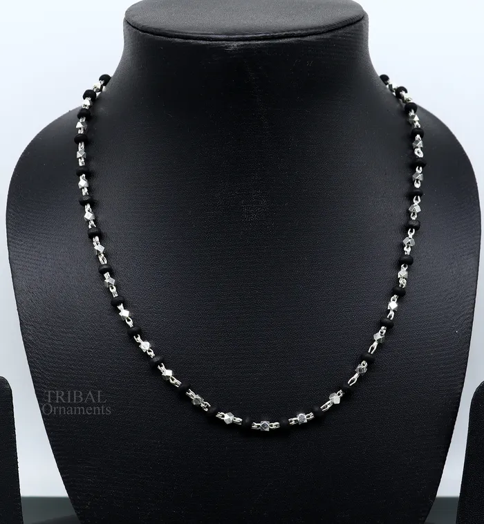 Necklaces TRIBAL ORNAMENTS 24 925 sterling silver black holy basil rosary wooden beads 4mm solid chain necklace excellent unisex stylish necklace from india ch144