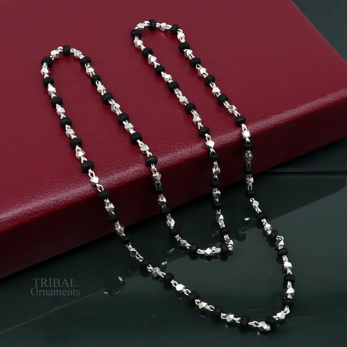Necklaces TRIBAL ORNAMENTS 24 925 sterling silver black holy basil rosary wooden beads 4mm solid chain necklace excellent unisex stylish necklace from india ch144