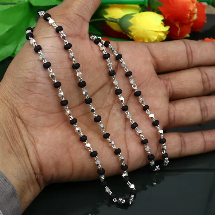 Necklaces TRIBAL ORNAMENTS 24 925 sterling silver black holy basil rosary wooden beads 4mm solid chain necklace excellent unisex stylish necklace from india ch144