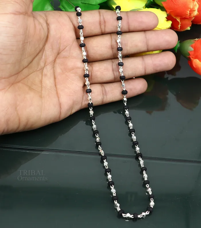 Necklaces TRIBAL ORNAMENTS 24 925 sterling silver black holy basil rosary wooden beads 4mm solid chain necklace excellent unisex stylish necklace from india ch144