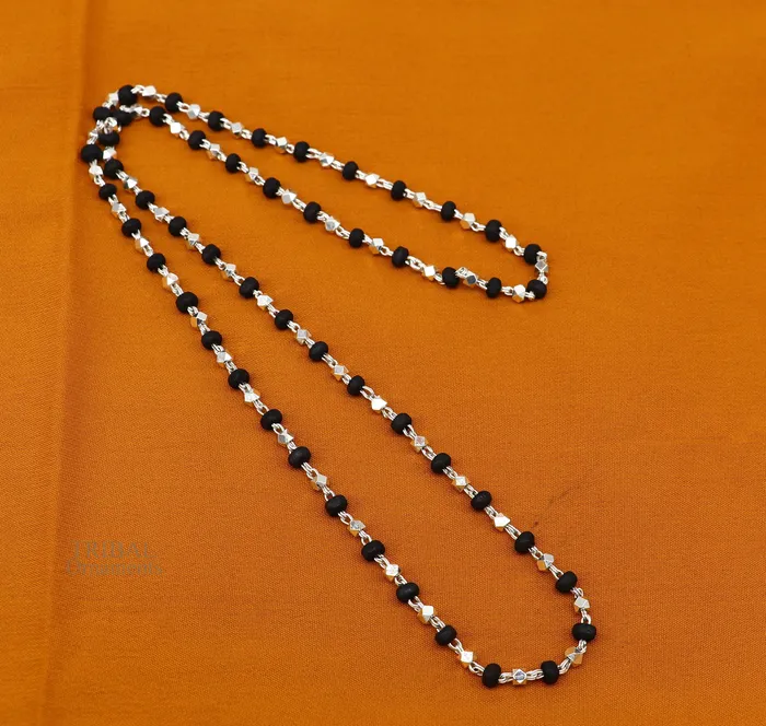 Necklaces TRIBAL ORNAMENTS 24 925 sterling silver black holy basil rosary wooden beads 4mm solid chain necklace excellent unisex stylish necklace from india ch144