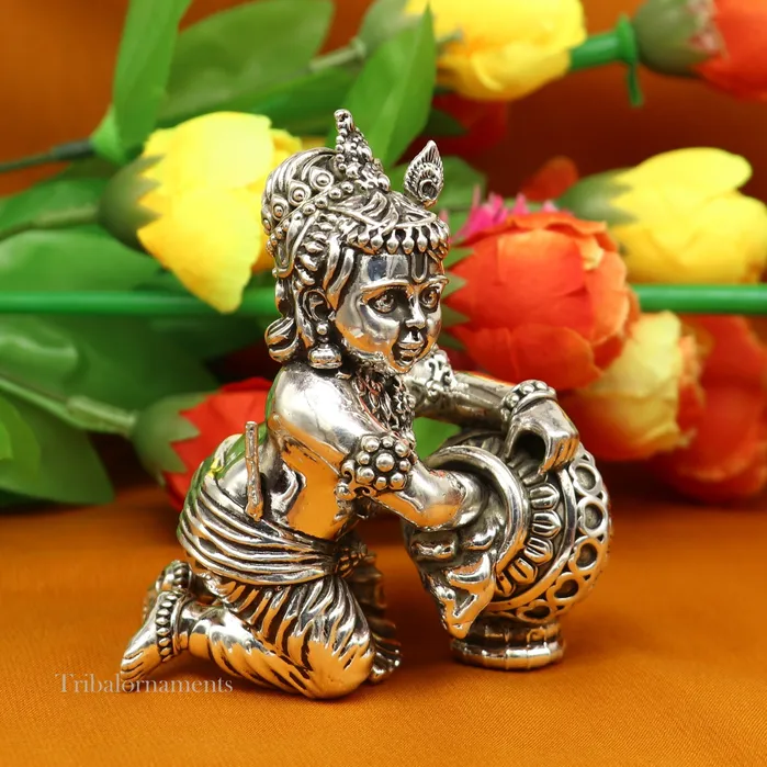 Necklaces TRIBAL ORNAMENTS 925 sterling silver crawling krishna baby Krishna Makhan GopalaLaddu Gopal child Krishna God krishna statue for puja worshipping art222