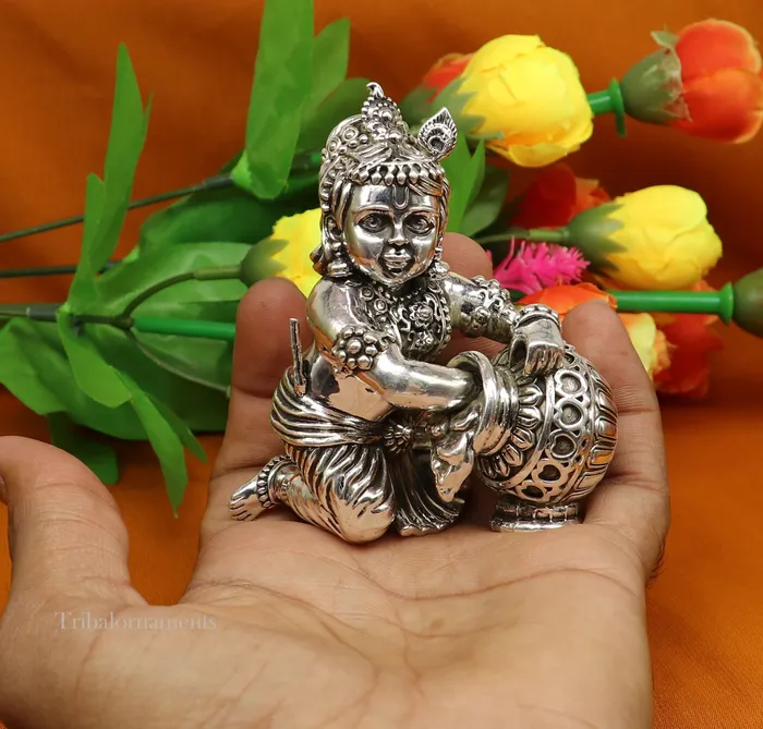 Necklaces TRIBAL ORNAMENTS 925 sterling silver crawling krishna baby Krishna Makhan GopalaLaddu Gopal child Krishna God krishna statue for puja worshipping art222