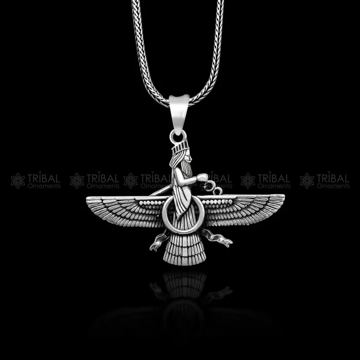Necklaces TRIBAL ORNAMENTS 925 sterling silver Faravahar Ahura Mazda Handmade pendant Necklace Ancient Persia Silver Men Jewelry Mythology Mens Gift nsp866