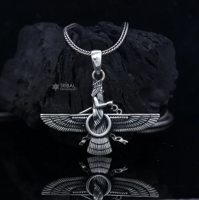 Necklaces TRIBAL ORNAMENTS 925 sterling silver Faravahar Ahura Mazda Handmade pendant Necklace Ancient Persia Silver Men Jewelry Mythology Mens Gift nsp866
