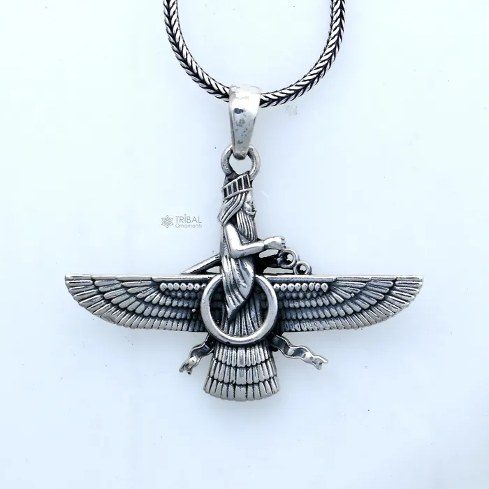 Necklaces TRIBAL ORNAMENTS 925 sterling silver Faravahar Ahura Mazda Handmade pendant Necklace Ancient Persia Silver Men Jewelry Mythology Mens Gift nsp866