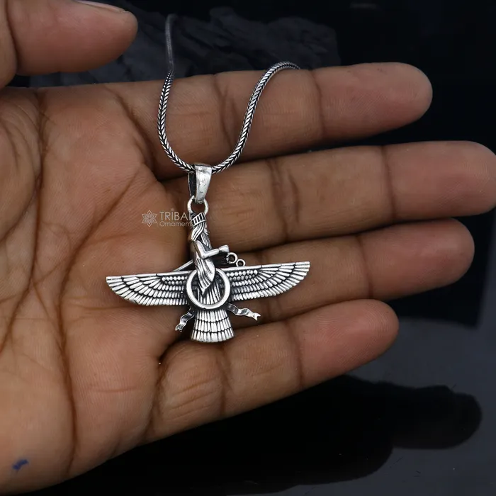 Necklaces TRIBAL ORNAMENTS 925 sterling silver Faravahar Ahura Mazda Handmade pendant Necklace Ancient Persia Silver Men Jewelry Mythology Mens Gift nsp866