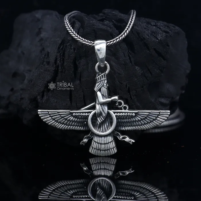 Necklaces TRIBAL ORNAMENTS 925 sterling silver Faravahar Ahura Mazda Handmade pendant Necklace Ancient Persia Silver Men Jewelry Mythology Mens Gift nsp866