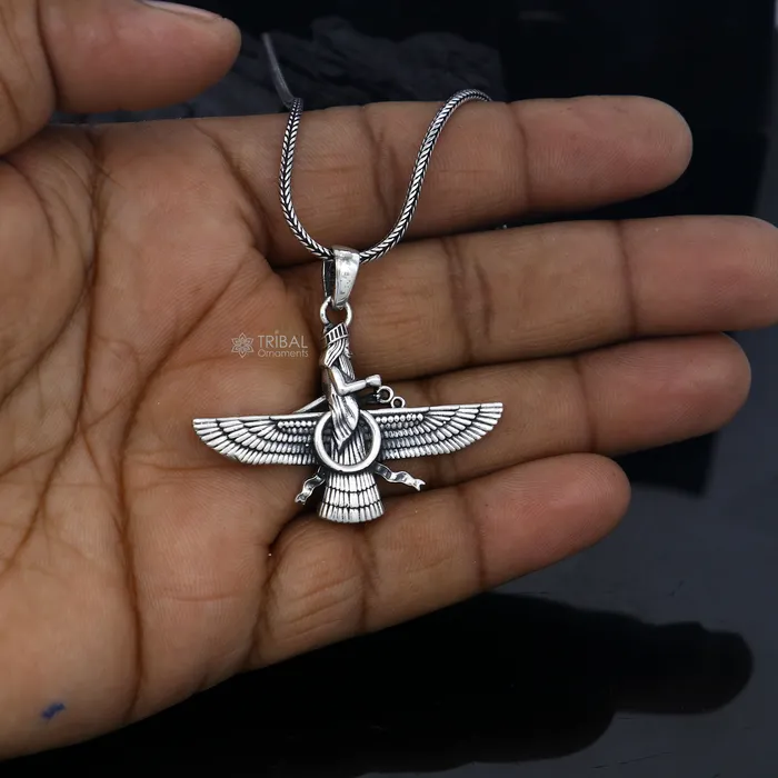 Necklaces TRIBAL ORNAMENTS 925 sterling silver Faravahar Ahura Mazda Handmade pendant Necklace Ancient Persia Silver Men Jewelry Mythology Mens Gift nsp866
