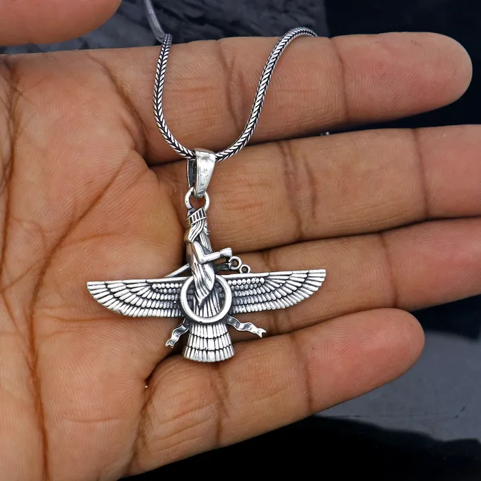 Necklaces TRIBAL ORNAMENTS 925 sterling silver Faravahar Ahura Mazda Handmade pendant Necklace Ancient Persia Silver Men Jewelry Mythology Mens Gift nsp866