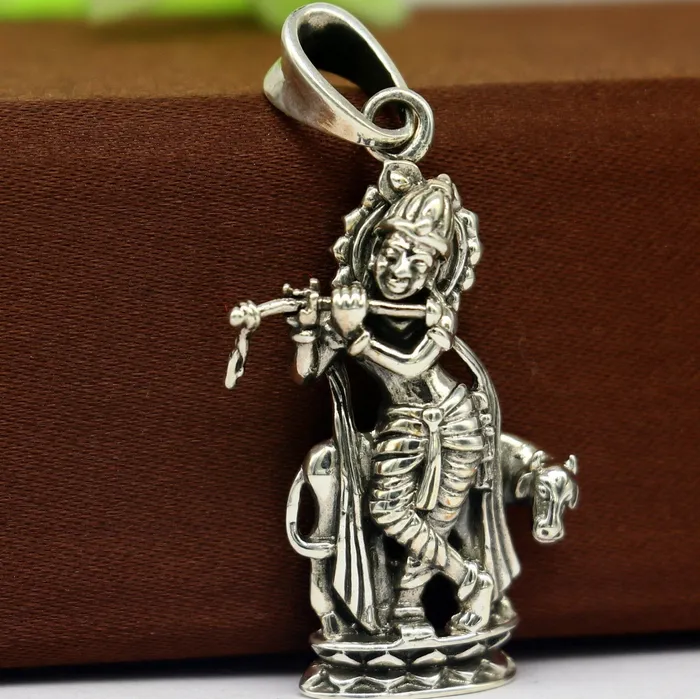 Necklaces TRIBAL ORNAMENTS 925 sterling silver vintage Antique stylish Hindu idol Krishna with cow Pendant amazing design stunning pendant gifting jewelry ssp537