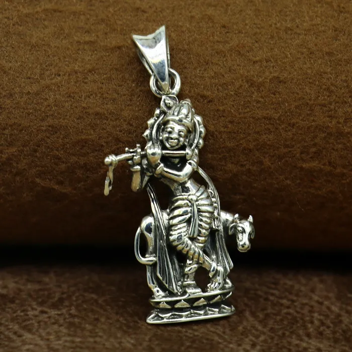 Necklaces TRIBAL ORNAMENTS 925 sterling silver vintage Antique stylish Hindu idol Krishna with cow Pendant amazing design stunning pendant gifting jewelry ssp537