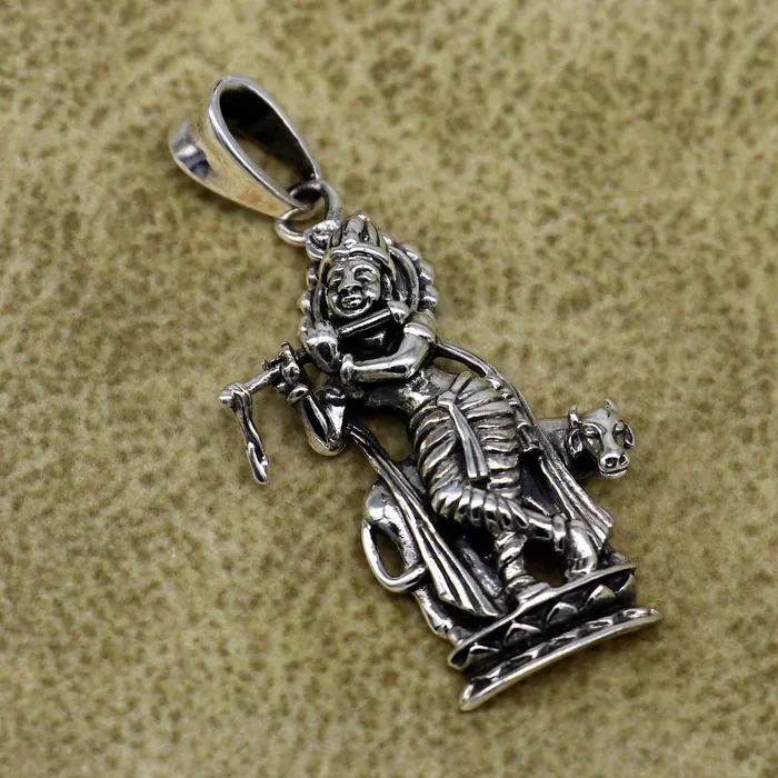 Necklaces TRIBAL ORNAMENTS 925 sterling silver vintage Antique stylish Hindu idol Krishna with cow Pendant amazing design stunning pendant gifting jewelry ssp537