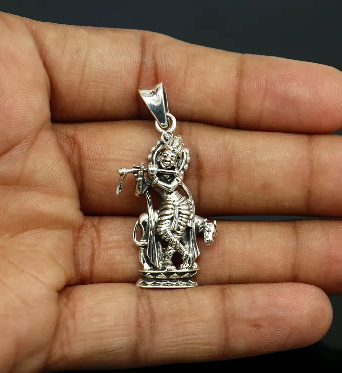 Necklaces TRIBAL ORNAMENTS 925 sterling silver vintage Antique stylish Hindu idol Krishna with cow Pendant amazing design stunning pendant gifting jewelry ssp537