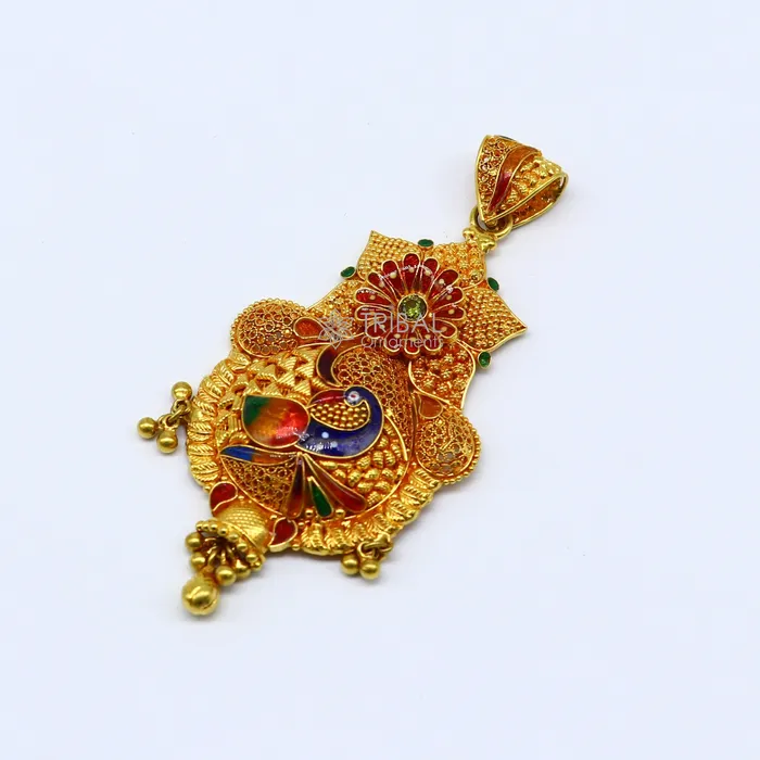 Necklaces TRIBAL ORNAMENTS Peacock design Traditional cultural filigree work trendy 22kt yellow gold functional pendant amazing ethnic brides pendant jewelry gp26 Necklaces TRIBAL ORNAMENTS Peacock design Traditional cultural filigree work trendy 22kt yellow gold functional pendant amazing ethnic brides pendant jewelry gp26