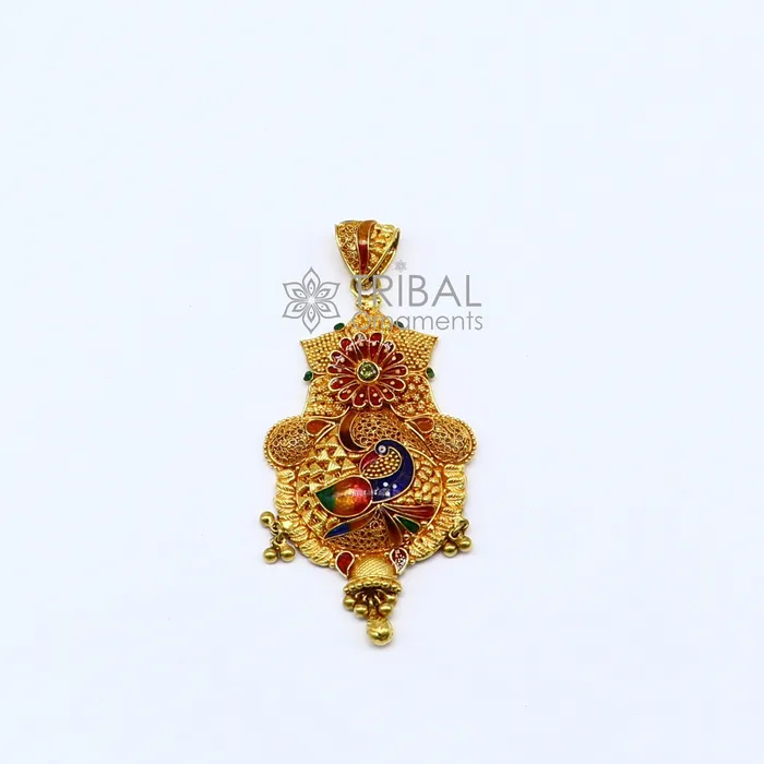 Necklaces TRIBAL ORNAMENTS Peacock design Traditional cultural filigree work trendy 22kt yellow gold functional pendant amazing ethnic brides pendant jewelry gp26