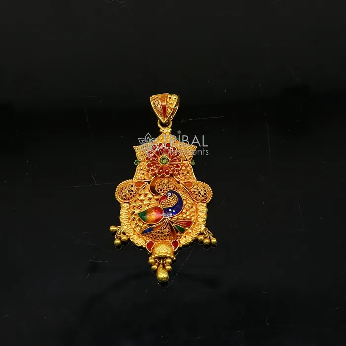 Necklaces TRIBAL ORNAMENTS Peacock design Traditional cultural filigree work trendy 22kt yellow gold functional pendant amazing ethnic brides pendant jewelry gp26