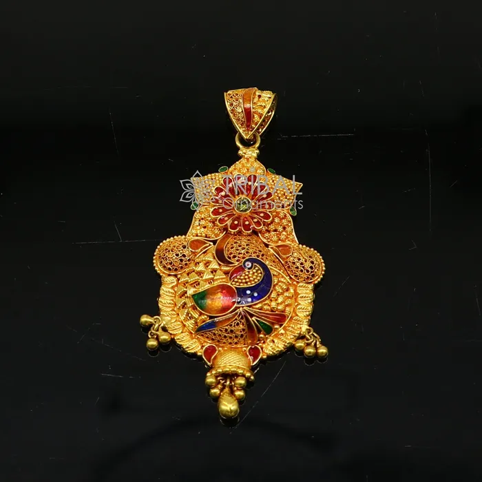 Necklaces TRIBAL ORNAMENTS Peacock design Traditional cultural filigree work trendy 22kt yellow gold functional pendant amazing ethnic brides pendant jewelry gp26