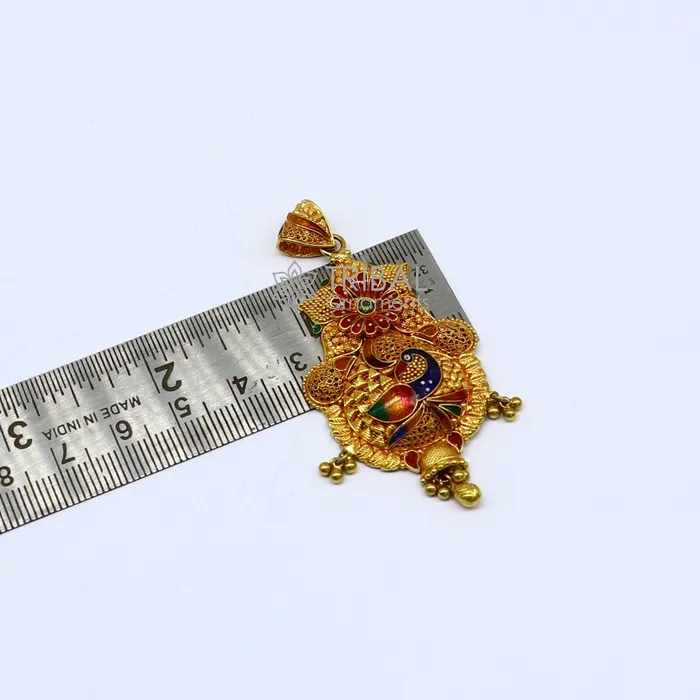 Necklaces TRIBAL ORNAMENTS Peacock design Traditional cultural filigree work trendy 22kt yellow gold functional pendant amazing ethnic brides pendant jewelry gp26