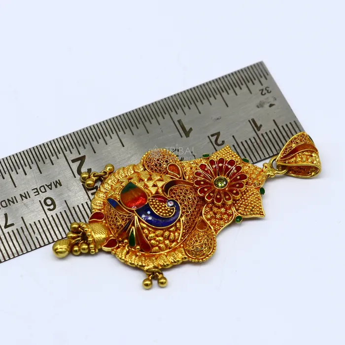 Necklaces TRIBAL ORNAMENTS Peacock design Traditional cultural filigree work trendy 22kt yellow gold functional pendant amazing ethnic brides pendant jewelry gp26