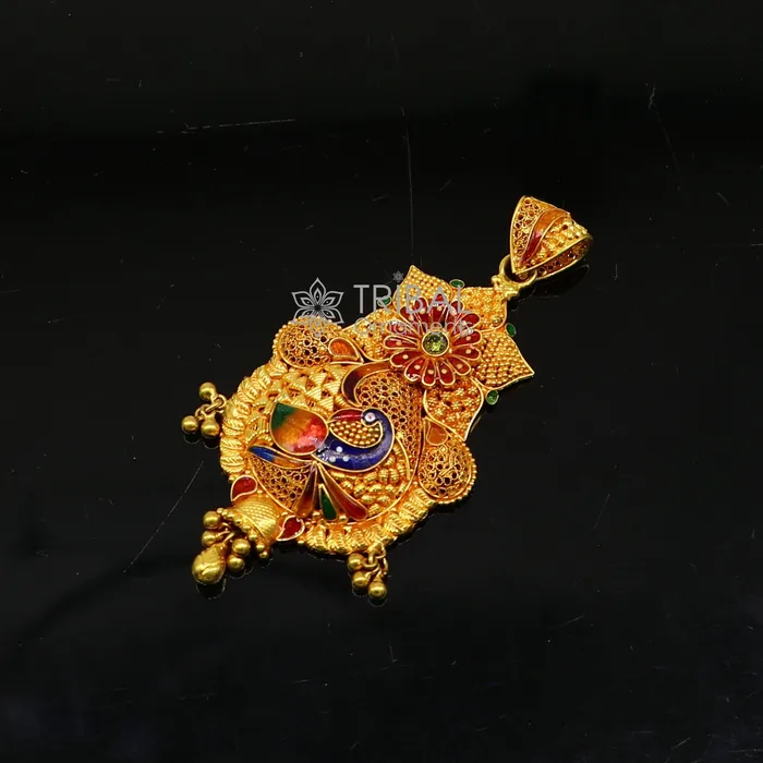 Necklaces TRIBAL ORNAMENTS Peacock design Traditional cultural filigree work trendy 22kt yellow gold functional pendant amazing ethnic brides pendant jewelry gp26