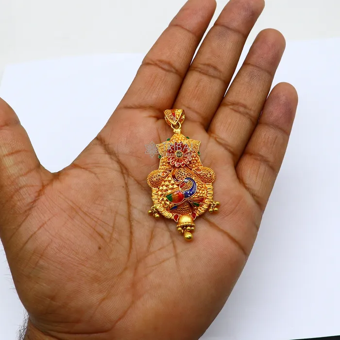 Necklaces TRIBAL ORNAMENTS Peacock design Traditional cultural filigree work trendy 22kt yellow gold functional pendant amazing ethnic brides pendant jewelry gp26
