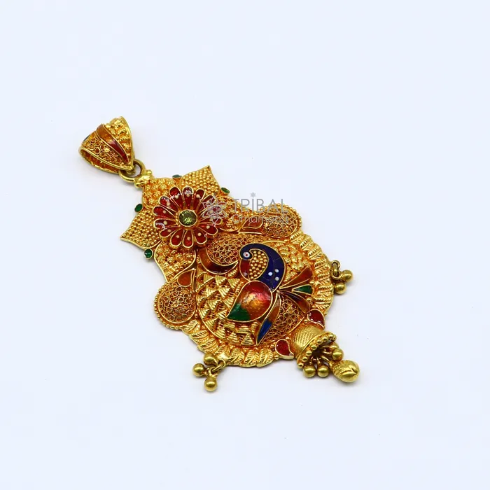 Necklaces TRIBAL ORNAMENTS Peacock design Traditional cultural filigree work trendy 22kt yellow gold functional pendant amazing ethnic brides pendant jewelry gp26
