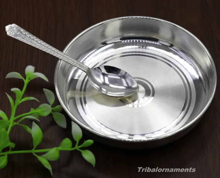 Necklaces TRIBAL ORNAMENTS Pure 999 solid fine silver handmade plate or tray with spoon excellent serving to baby kids food milk silver utensils vessels sv33 Necklaces TRIBAL ORNAMENTS Pure 999 solid fine silver handmade plate or tray with spoon excellent serving to baby kids food milk silver utensils vessels sv33
