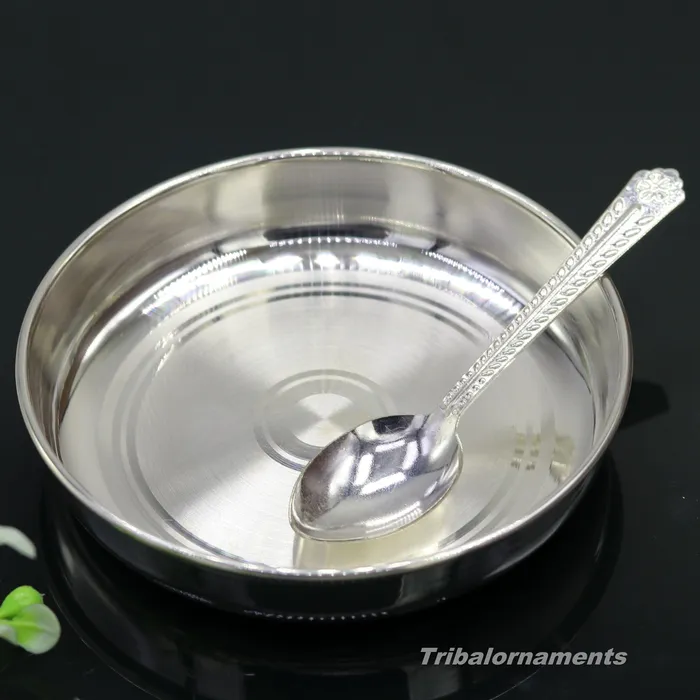 Necklaces TRIBAL ORNAMENTS Pure 999 solid fine silver handmade plate or tray with spoon excellent serving to baby kids food milk silver utensils vessels sv33