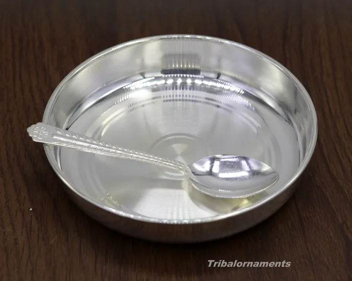Necklaces TRIBAL ORNAMENTS Pure 999 solid fine silver handmade plate or tray with spoon excellent serving to baby kids food milk silver utensils vessels sv33