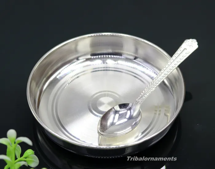 Necklaces TRIBAL ORNAMENTS Pure 999 solid fine silver handmade plate or tray with spoon excellent serving to baby kids food milk silver utensils vessels sv33