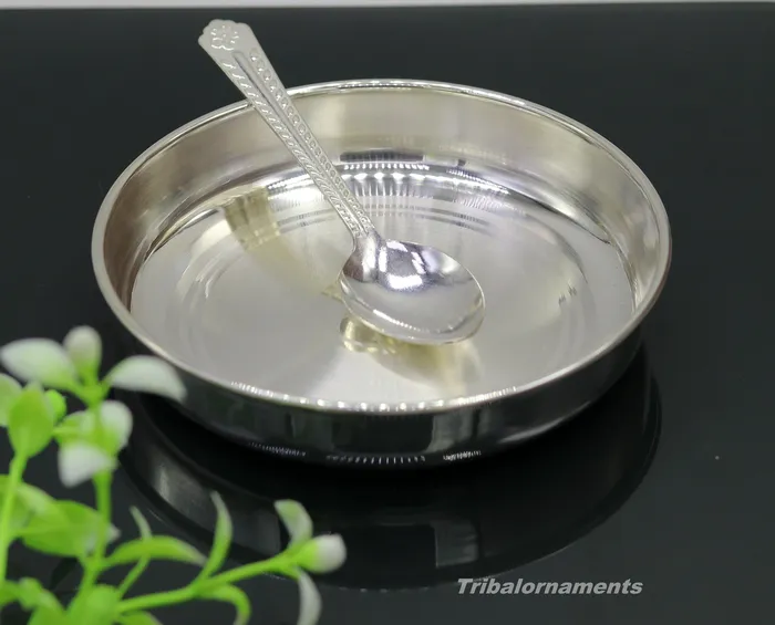 Necklaces TRIBAL ORNAMENTS Pure 999 solid fine silver handmade plate or tray with spoon excellent serving to baby kids food milk silver utensils vessels sv33