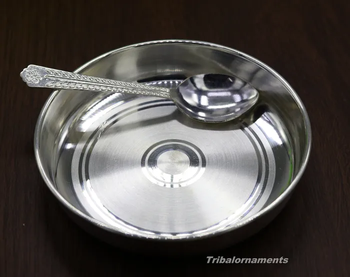Necklaces TRIBAL ORNAMENTS Pure 999 solid fine silver handmade plate or tray with spoon excellent serving to baby kids food milk silver utensils vessels sv33