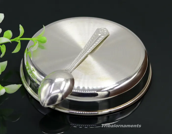 Necklaces TRIBAL ORNAMENTS Pure 999 solid fine silver handmade plate or tray with spoon excellent serving to baby kids food milk silver utensils vessels sv33