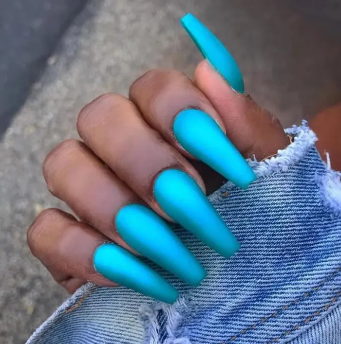 NS347 Extra Long Nails Coffin Press On Matte Pearl Blue 22 Pieces POLLY Rings