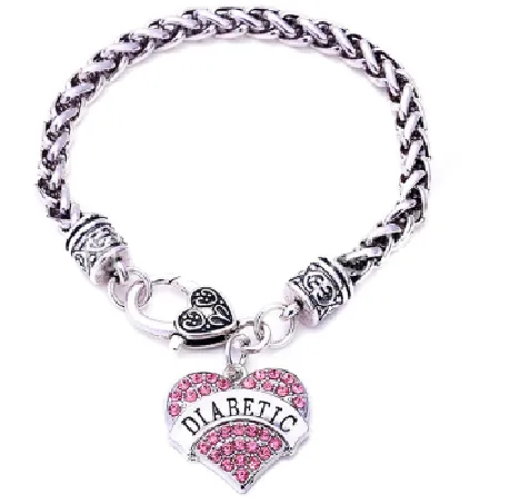 polly B775 Silver Pink Rhinestone Heart Diabetic Bracelet Bracelets