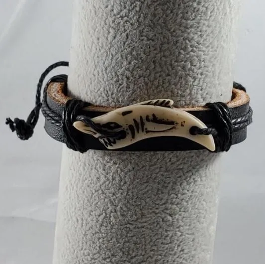 polly Bracelets B27 Shark Tooth Faux Bone Leather Bracelet
