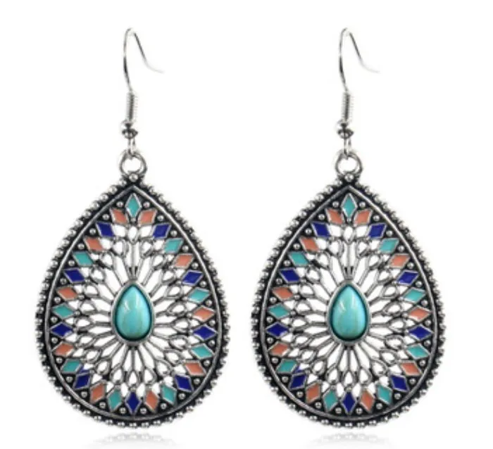 polly Earrings E211 Silver Teardrop Turquoise Gemstone Baked Enamel Earrings