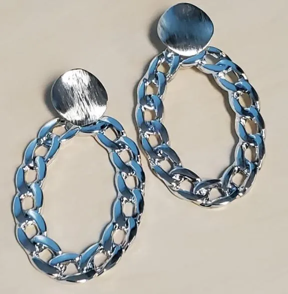 POLLY Earrings E909 Large Silver Acrylic Chain Link Oval Earrings