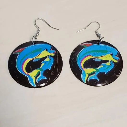 POLLY Earrings E971 Mommy Baby Dolphin Coconut Shell Wooden Earrings