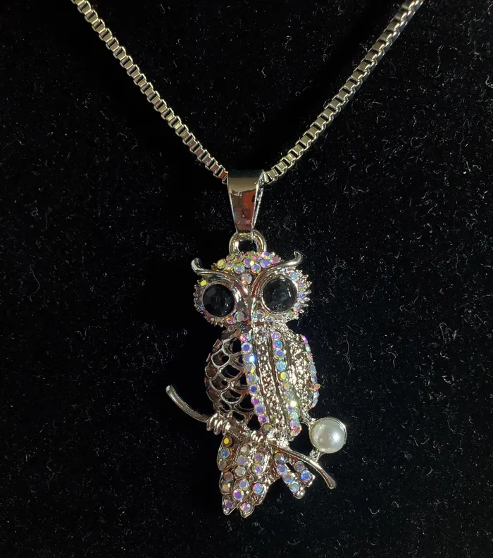polly N1180 Silver Iridescent Rhinestone Owl with Pearl Necklace with Free Earrings Necklaces polly N1180 Silver Iridescent Rhinestone Owl with Pearl Necklace with Free Earrings Necklaces
