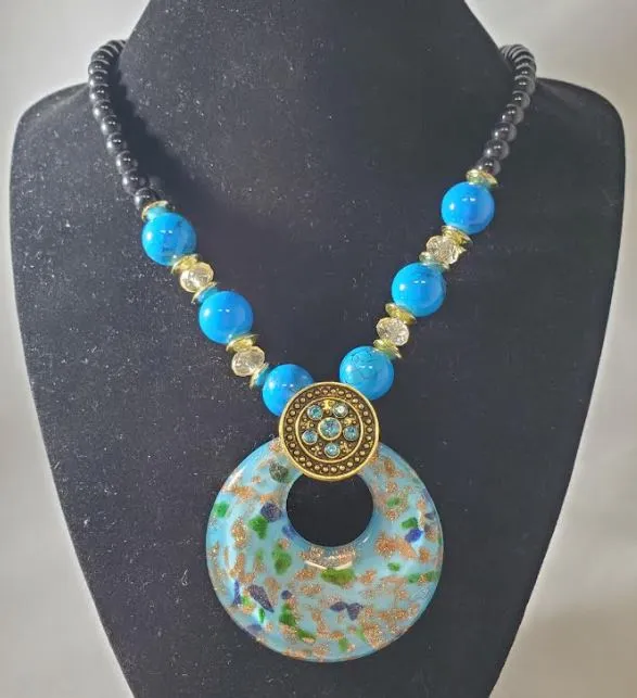 polly Necklaces N310 Black Bead Fashion Blue Open Circle Glass Pendant Long Necklace With Free Earrings